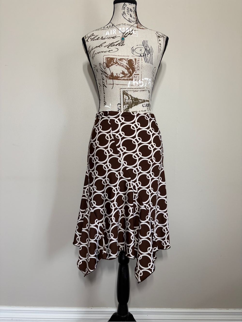 Vintage Retro Brown Circle Geometric Handkerchief Hem Cool Girl Midi Skirt